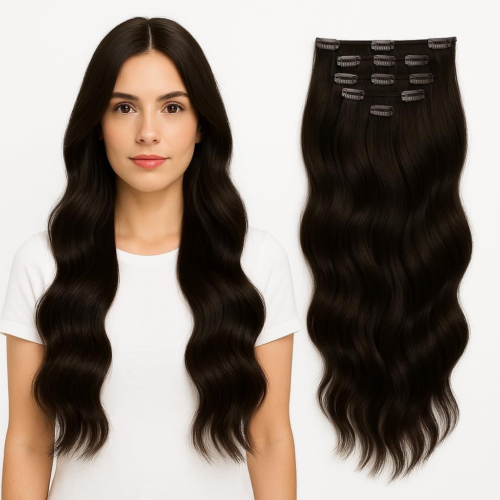 Remy Natural Hair Clip-In Extensions – 50cm, 80g, 7 Pieces – (#1 Jet Black)