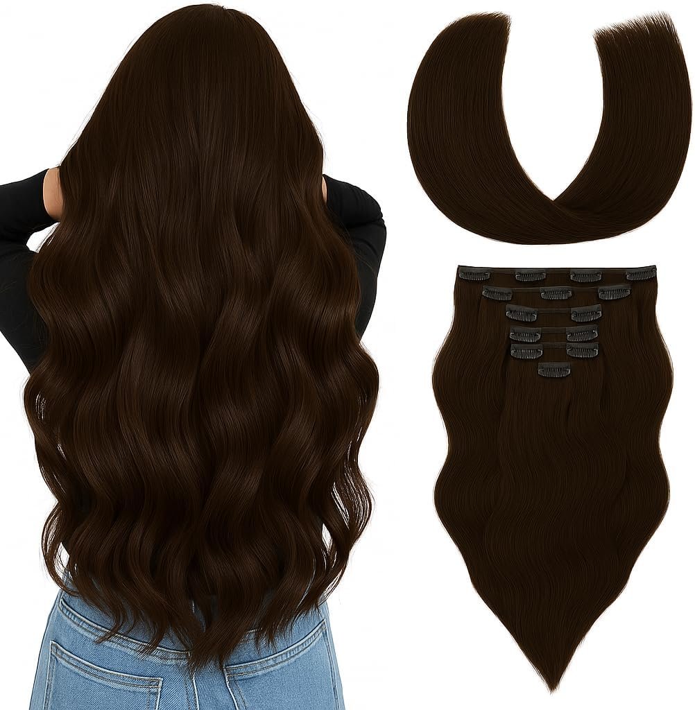 Natural Clip-In Extensions – 50cm, 80g, 7 Pieces (#4 Light Chocolate Brown)