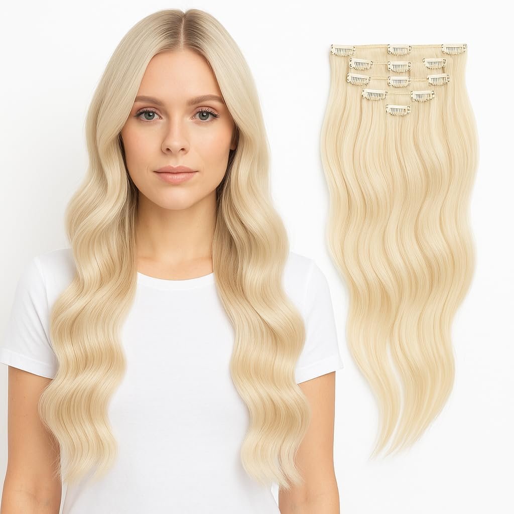 Remy Natural Hair Clip-In Extensions – 50cm, 80g, 7 Pieces – (#613 Blonde)