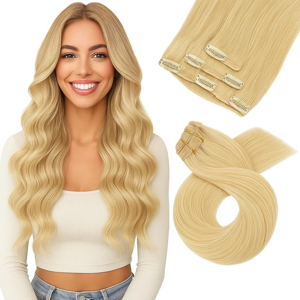 Remy Natural Hair Clip-In Extensions – 50cm, 80g, 7 Pieces (#60B Ice Blonde)